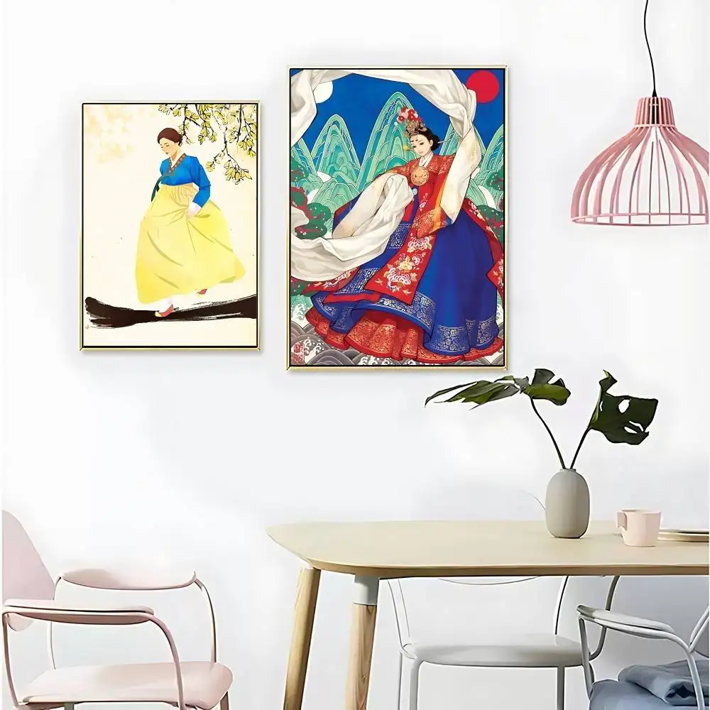Classic Vintage Korean Asian Traditional Hanbok Posters Kraft Paper Vintage Poster Wall Art Painting Study Aesthetic Art Wall