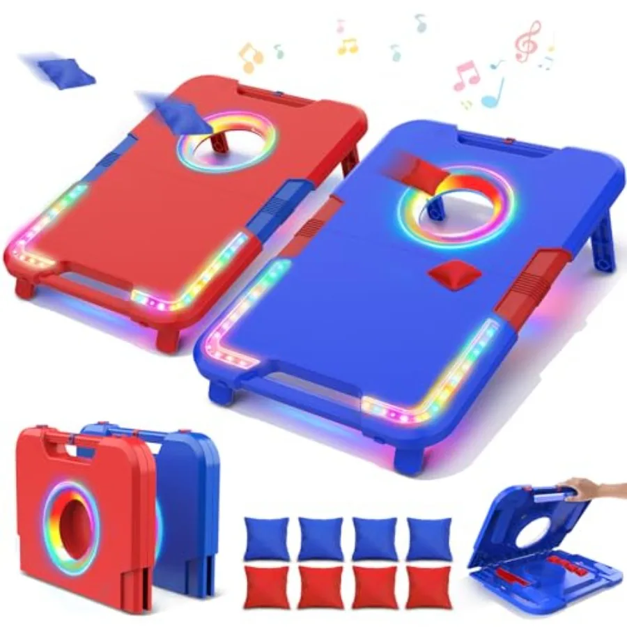 Portable Cornhole Board Set with LED Lights and Sound Effects Scoring Foldable - 2 Boards and 8 Bean Bags for Backyard Camping
