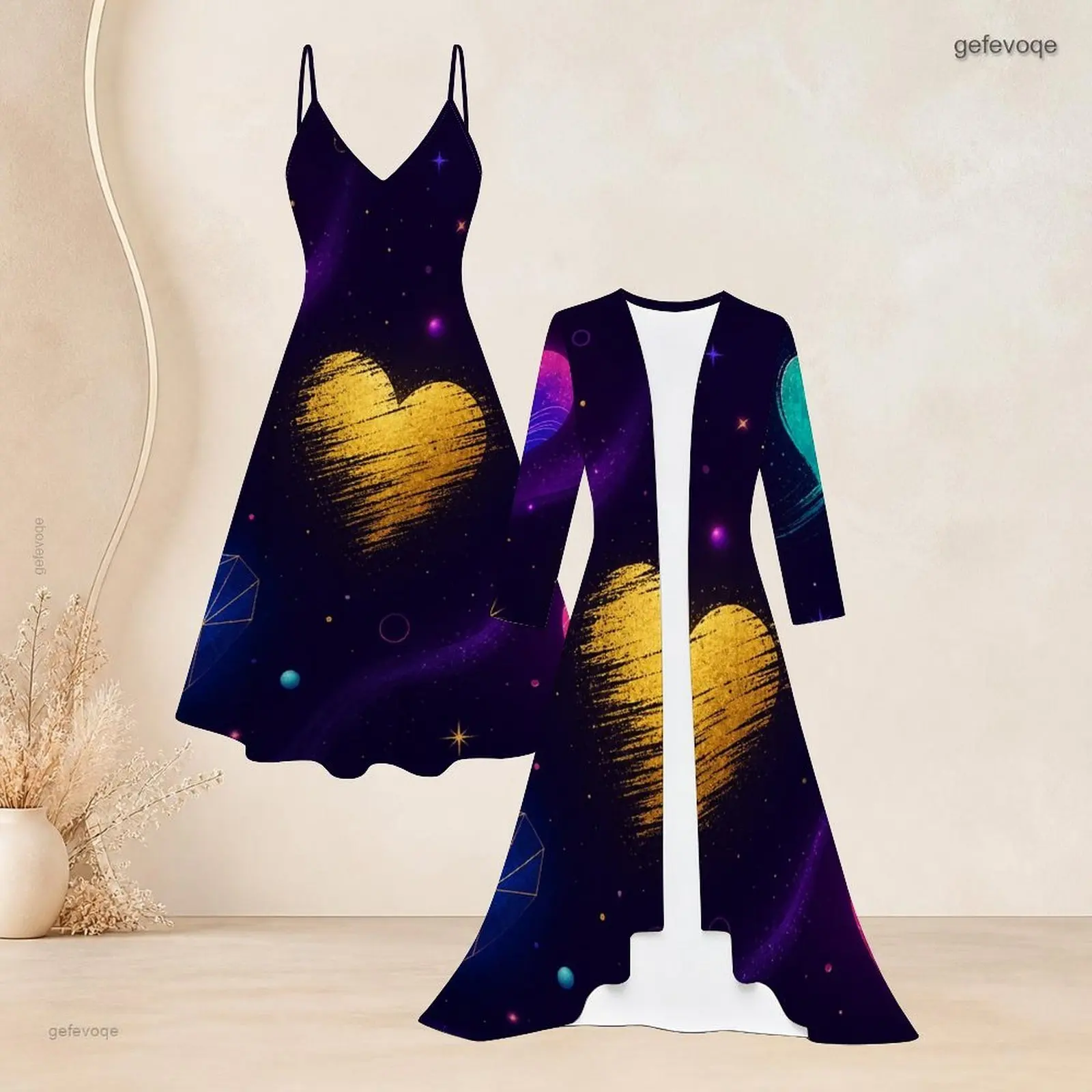 Women Galaxy Golden Heart Printed Spaghetti Strap Dress and Long Sleeve Open Front Cardigan 2 Piece Set