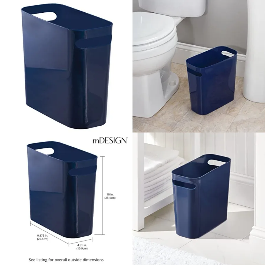 

Plastic Small Trash Can, 1.5 Gallon/5.7-Liter Wastebasket, Narrow Garbage Bin with Handles for Bathroom, Laundry, Home Office - Holds Waste, Recycling, 10" High, Aura Collection, Navy Blue