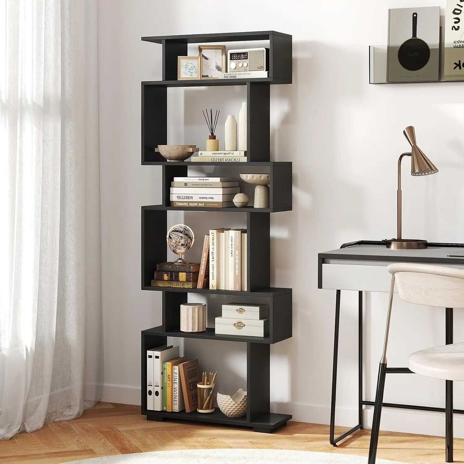 6-Tier Shelf Set of 2 Tall Display Unit with Anti-toppling Kits S-Shaped Geometric Bookcase for Study Living Room Office Black,
