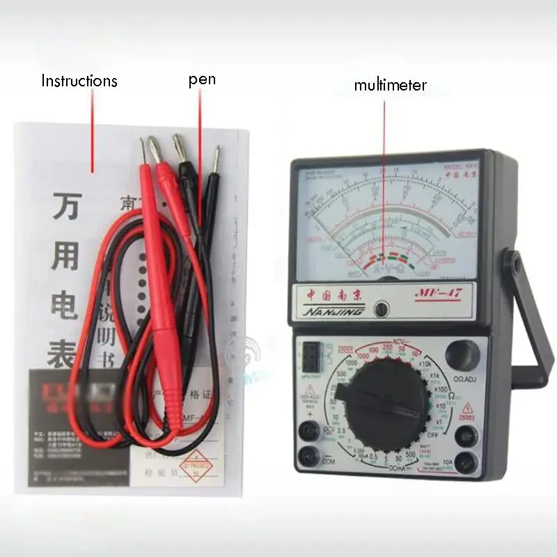 MF-47 Portable Pointer Analog Multimeter AC DC Voltage Current OHM Meter Battery Resistance Detector With Test Leads