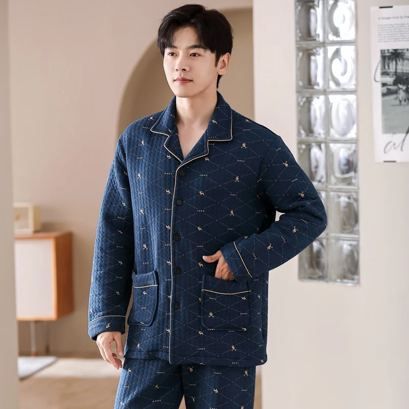 Winter Thick Warm Men Air Cotton Pajamas Long Tops+Long Pants Two Pieces Set Sleepwear Big Size M-4XL Male Homewear