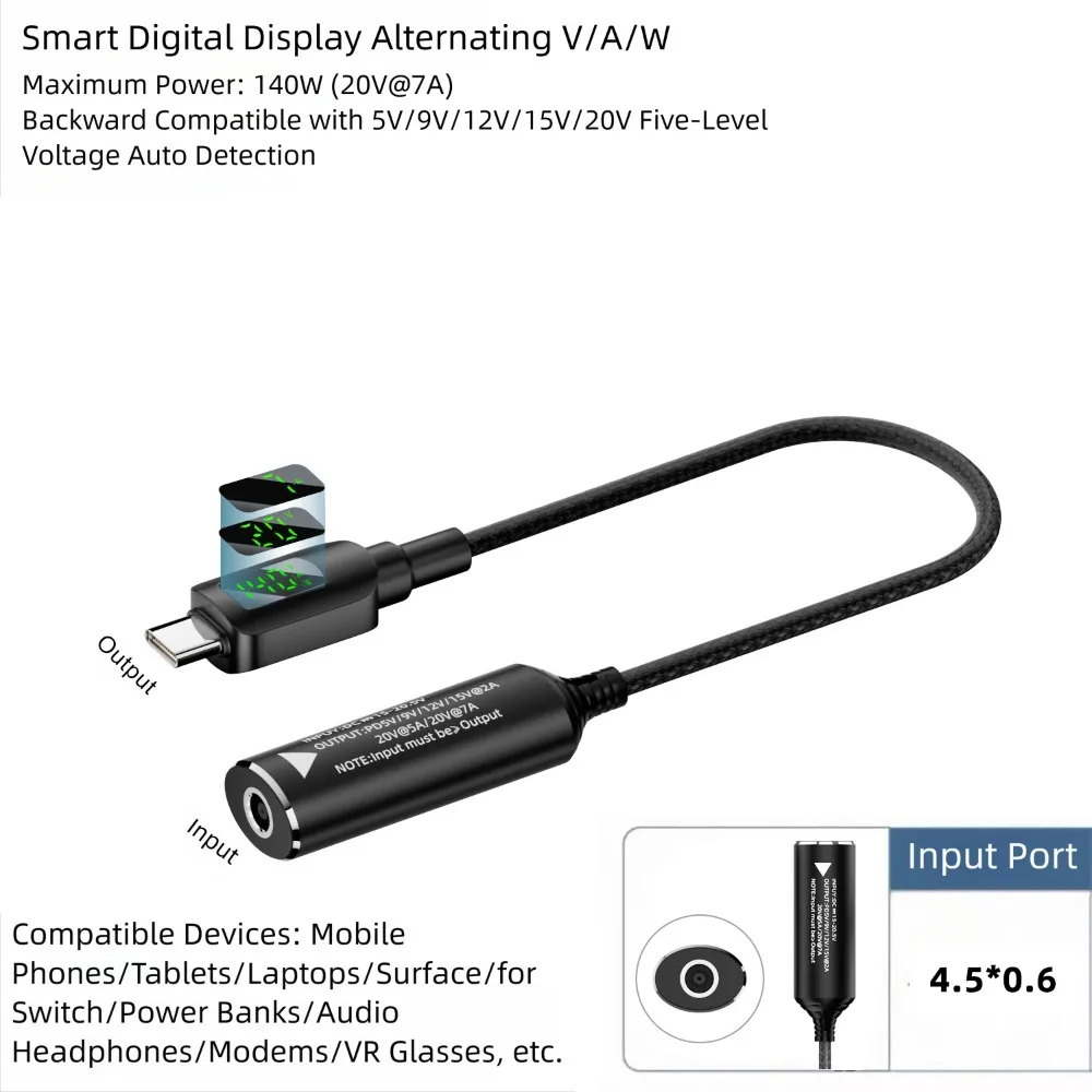 

Преобразователь постоянного тока в Type-C с цифровым дисплеем PD 140 Вт, 5 В, 9 В, 15 В, 20 В, тестер входной мощности, быстрая зарядка 5525 7406