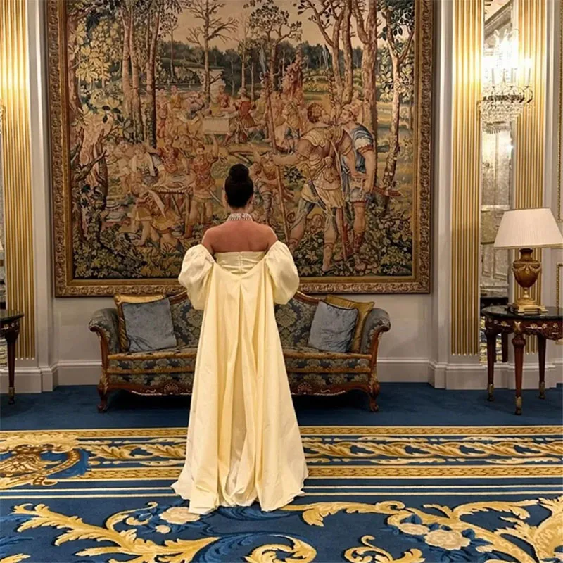 Robe de Soirée Élégante Jaune Clair à Manches sulfpour Femme, Tenue de Bal Formelle sans Bretelles avec Gaine Fendue