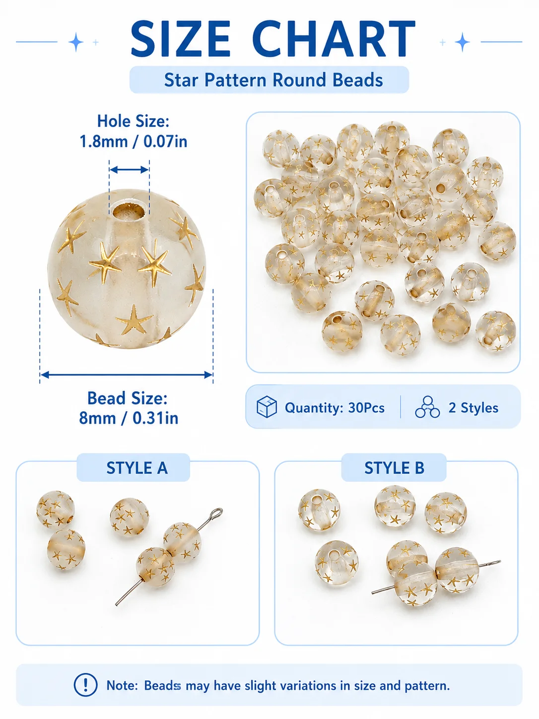 15Pcs 8mm Clear Frosted Star Beads Acrylic Spacer Beads 1.8mm Hole 2 Styles for DIY Jewelry Craft Findings