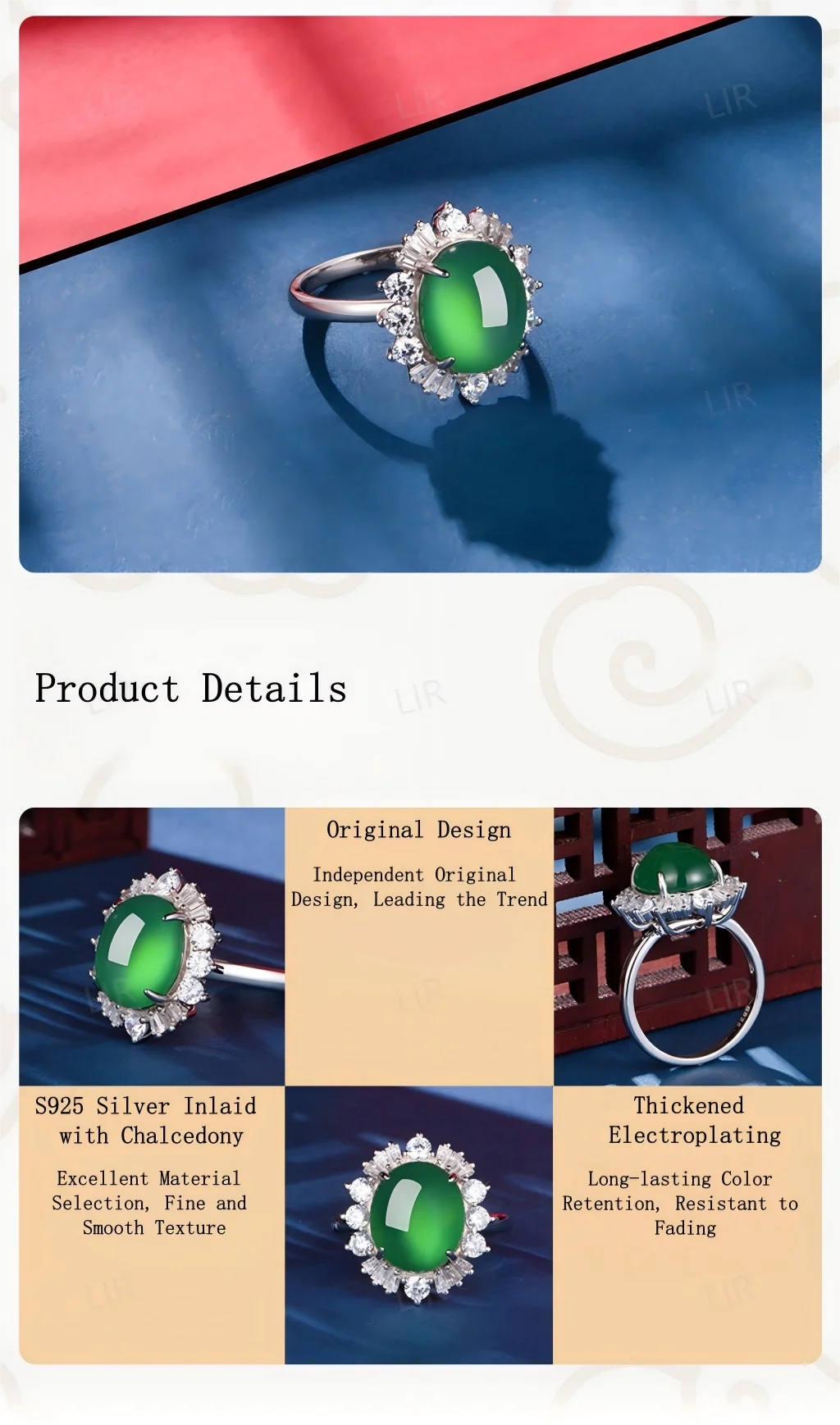 خاتم LIR المفتوح للسيدات: العقيق الأخضر الطبيعي الكبير "الكوكب اللامع" |   تتضمن شهادة اليشم