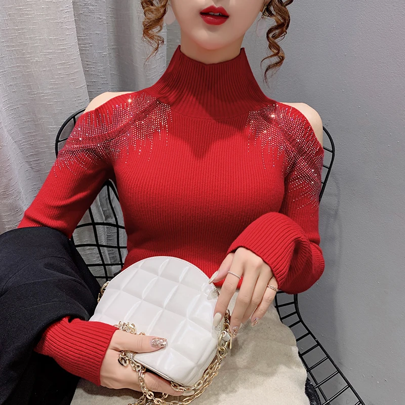 MadBlack New European Clothes Sweater Women Mock Neck Off Shoulder Diamond Knit Tops Long Sleeve Pullover Autumn Winter T30431JM