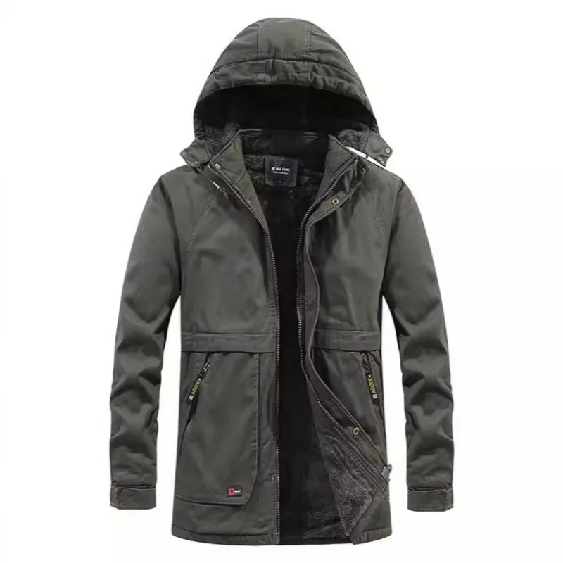 Fleece trench coat, mid-length men's overcoat for middle-aged and elderly people, thickened washed cotton work jacket for men