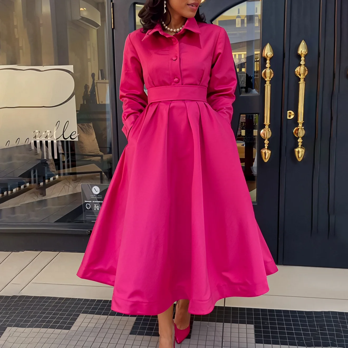 

Dress Dresses Women Spring Summer A Line Long Sleeve Turn Down Collar Plain Maxi African Sundress