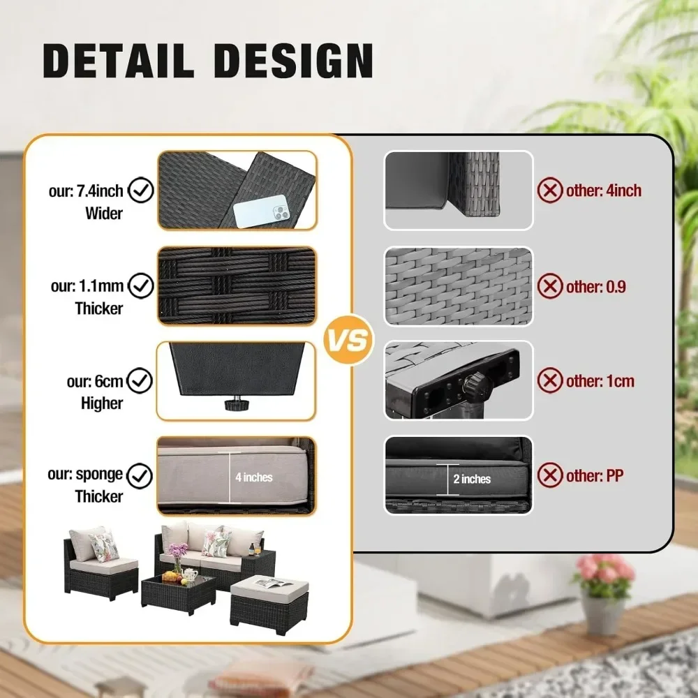 5 ชิ้นชุดเฟอร์นิเจอร์ Patio หวายกลางแจ้ง Sectional Conversation โซฟาหวาย Patio ที่นั่งโซฟาเบาะและโต๊ะกระจก