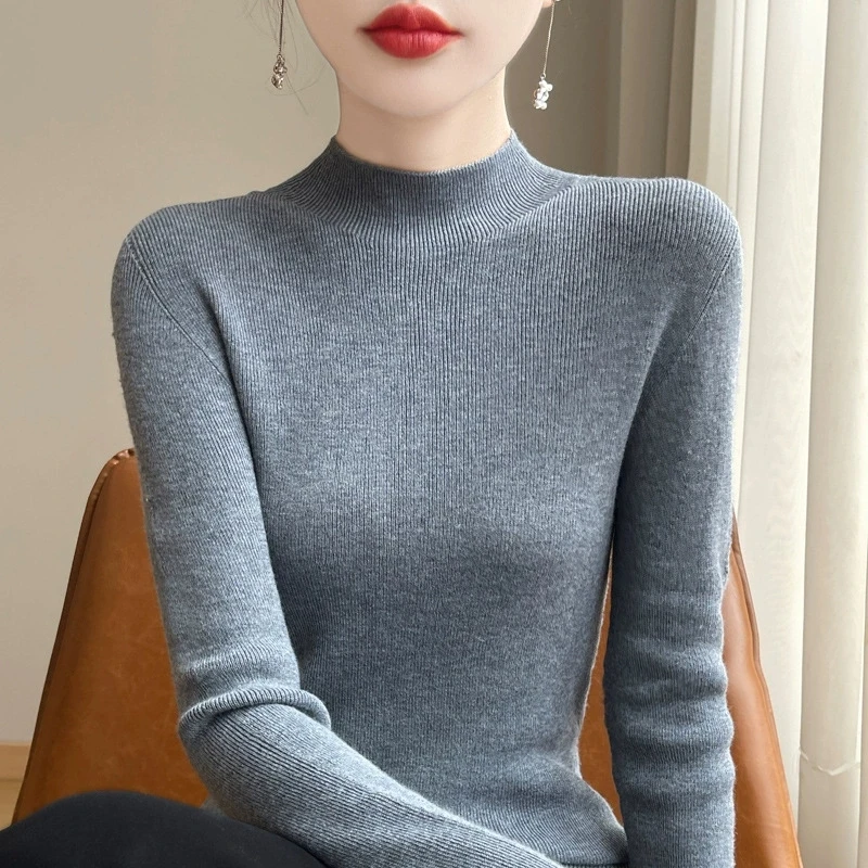 كل مباراة ضئيلة سترة ذات عنق دائرى للنساء الخريف الشتاء مضلع طويلة الأكمام سترة المرأة الدافئة الصلبة البلوز البلوز امرأة