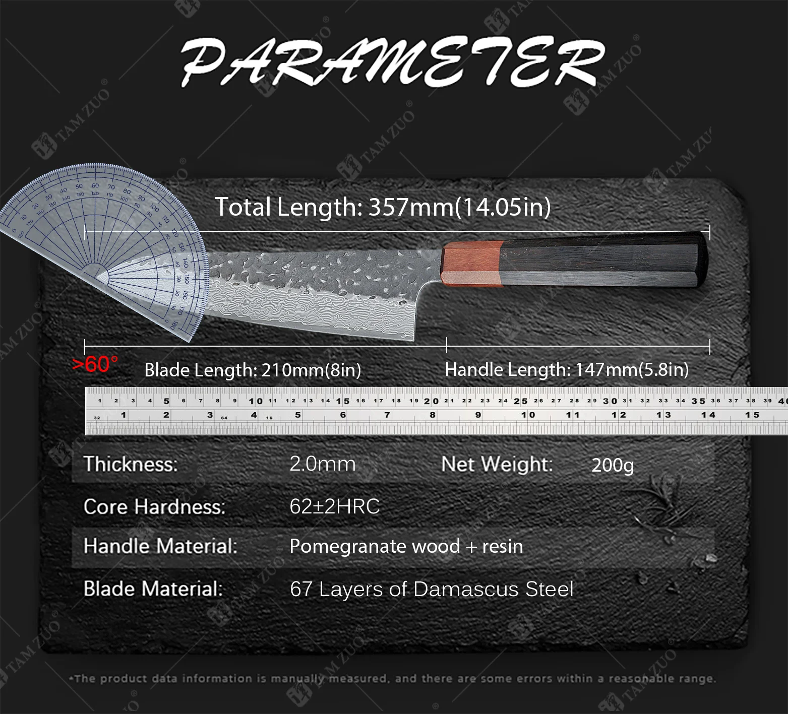 

TAMZUO Japanese Chef Knife Hammered Damascus Steel Gyuto Finish Wood Handle Ultra Sharp Kitchen Knife for Meat Vegetable
