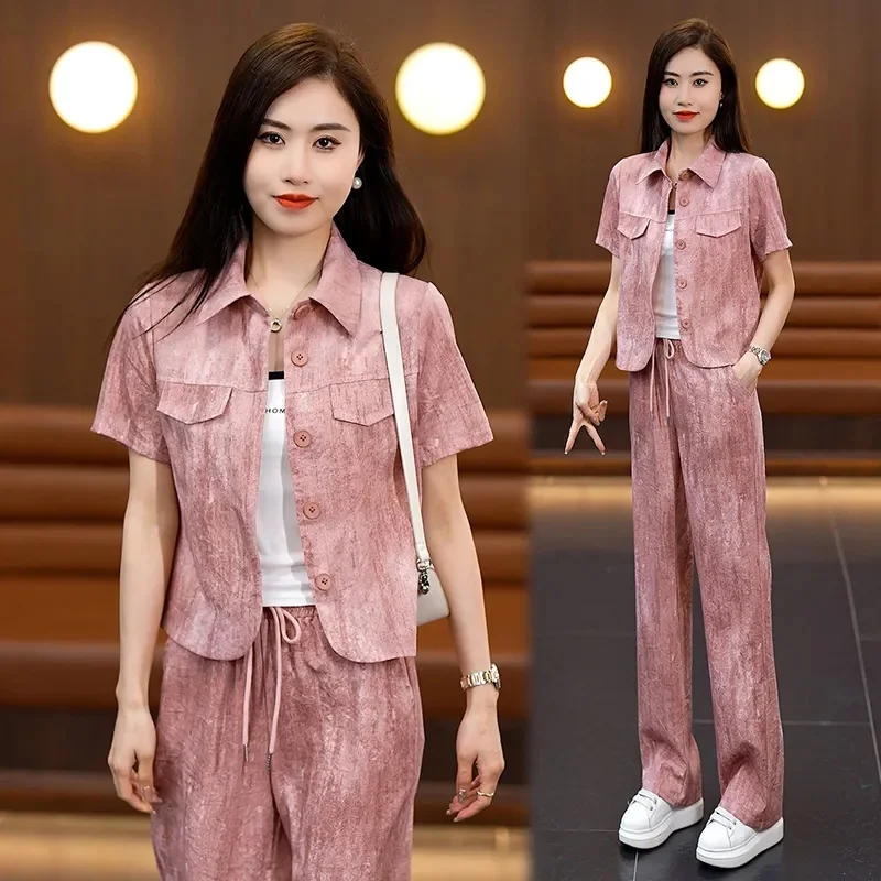 Temperament Women Summer New Casual Fashion Set 2024 Female Age Reducing And Slimming Short Sleeved Wide Leg Pants Two-piece Set