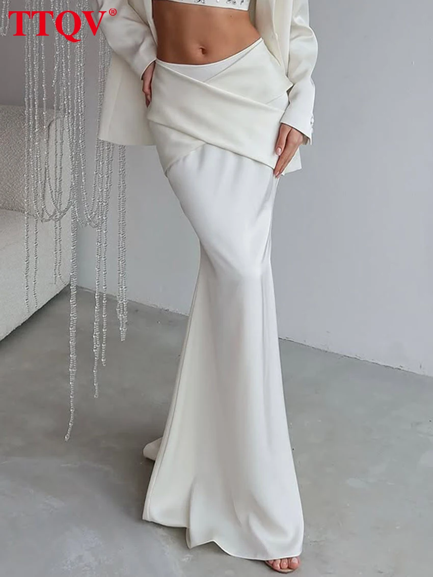 

TTQV Fashion Loose White Satin Women Skirt 2025 Bodycon Mid Waist Maxi Skirt Elegant Chic Solid Faldas Skirt Female Clothing