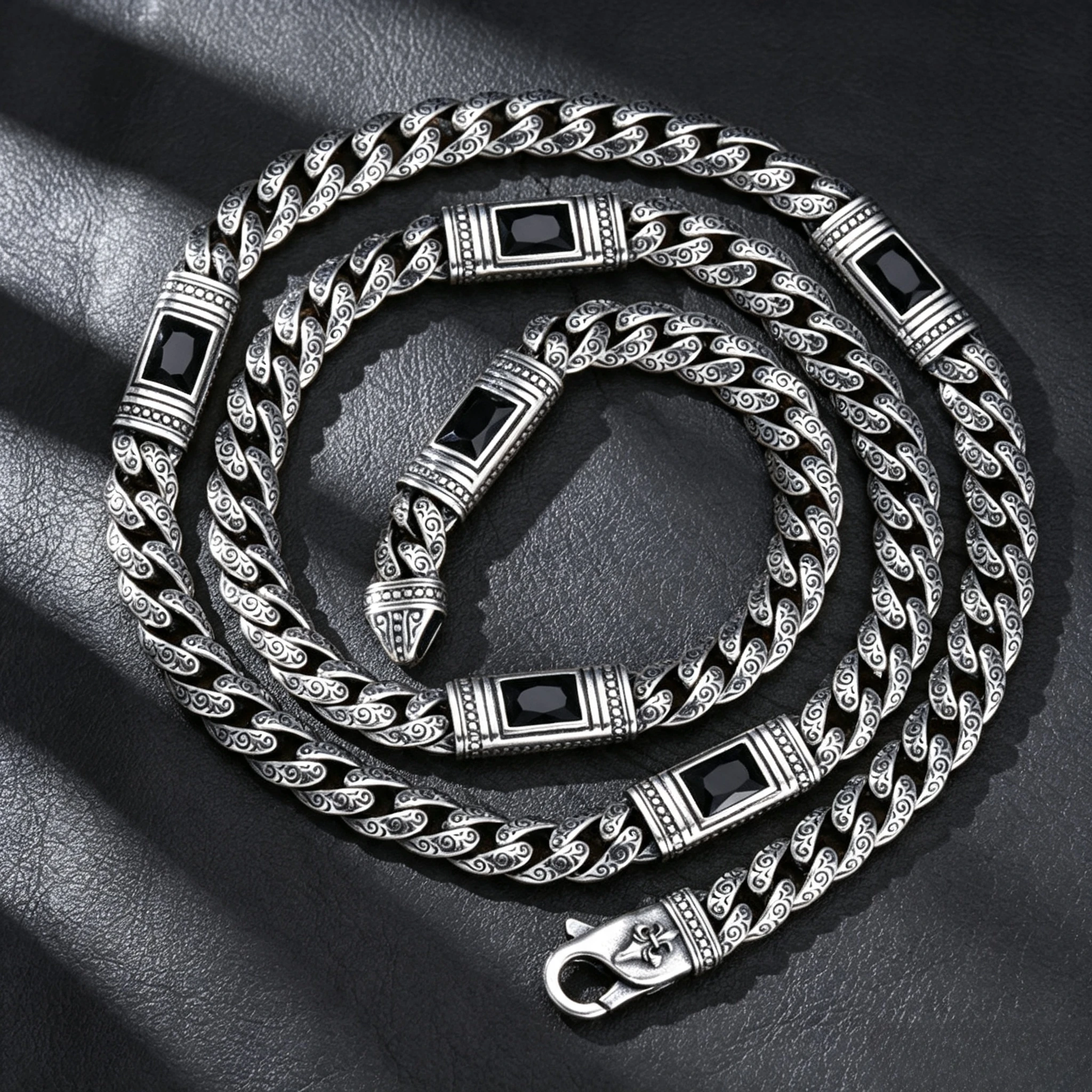 Vintage Engraved Cuban Link Chain Necklace, Zircon Inlaid Retro Chain, Antique Silver Tone Punk Men Statement Neck Jewelry