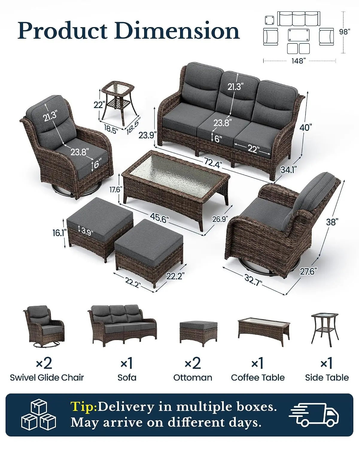 Outdoor Patio Furniture Set 6-Inch Thick Cushions Sofa Conversation Set Garden Deck Balcony, Customized