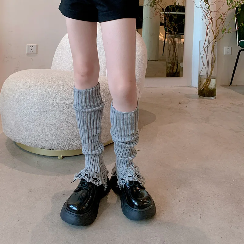 Autumn and Winter Trendy Wasteland Style Broken Hole Tassel Knitted Pile Socks Can Be Worn Up And Down Spicy Girl Y2k Leg Covers