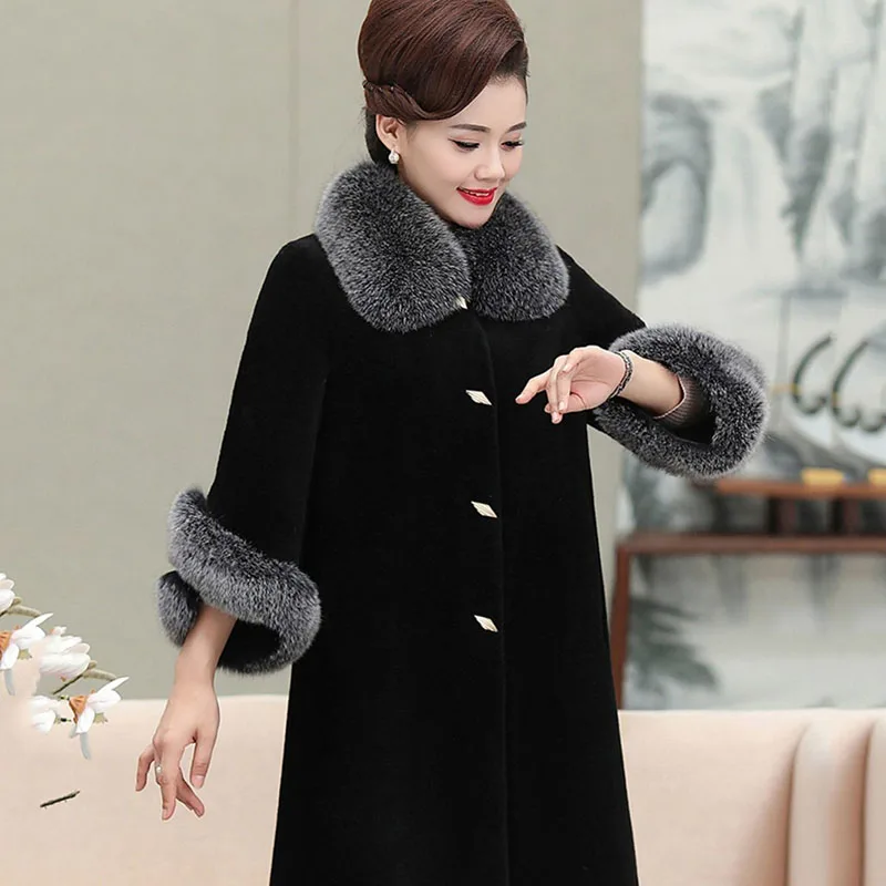 New Haining Sheep Shearling Coat Women\'s Mid-length Fox Fur Collar Slim Mother\'s Bress Middle-aged And Elderly Wool Fur CoatLady