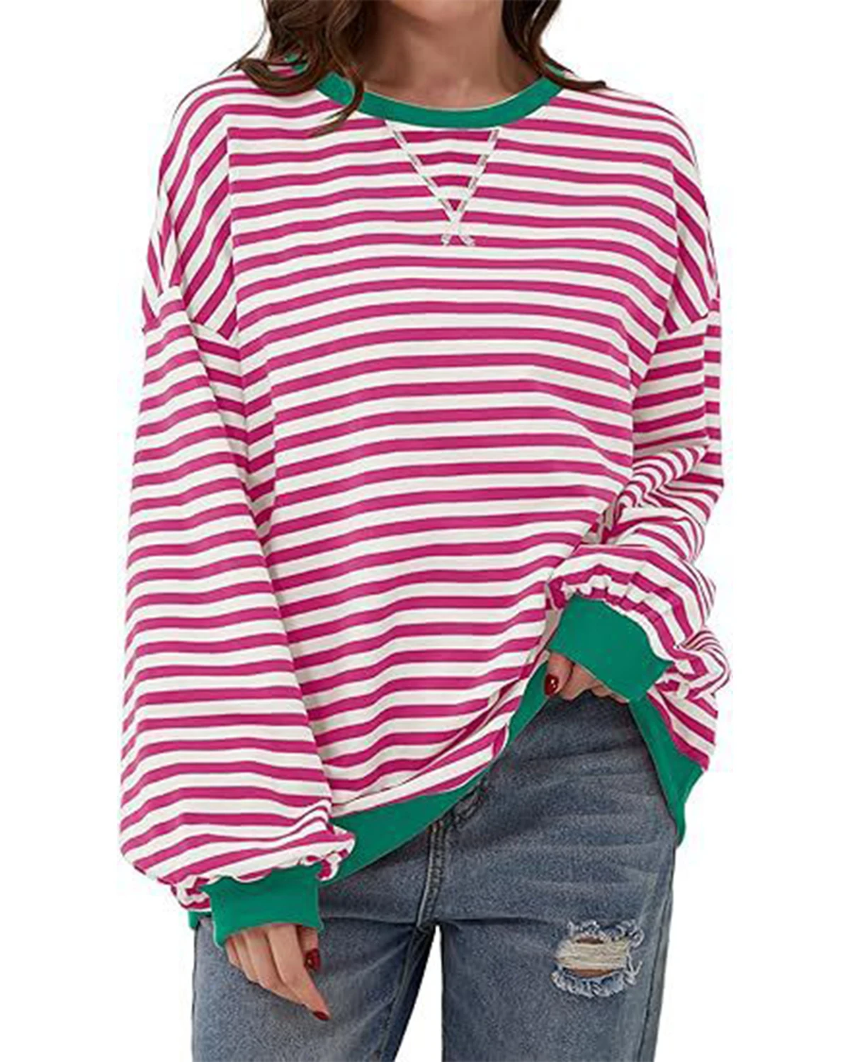 2024 Autumn and Winter Simple Home Leisure New Style Striped Pattern Round Neck Trendy Long Sleeve Hoodie Color blocked T