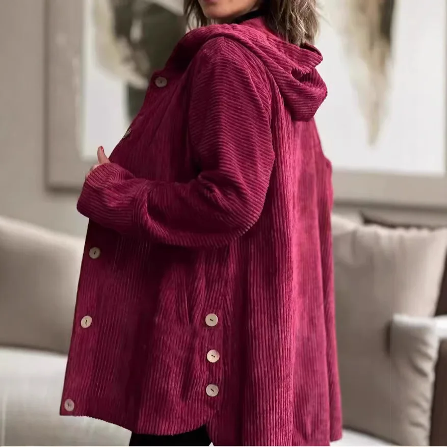

2025 New women's autumn and winter hooded loose corduroy mid-length cardigan, casual solid color button-down lapel jacket