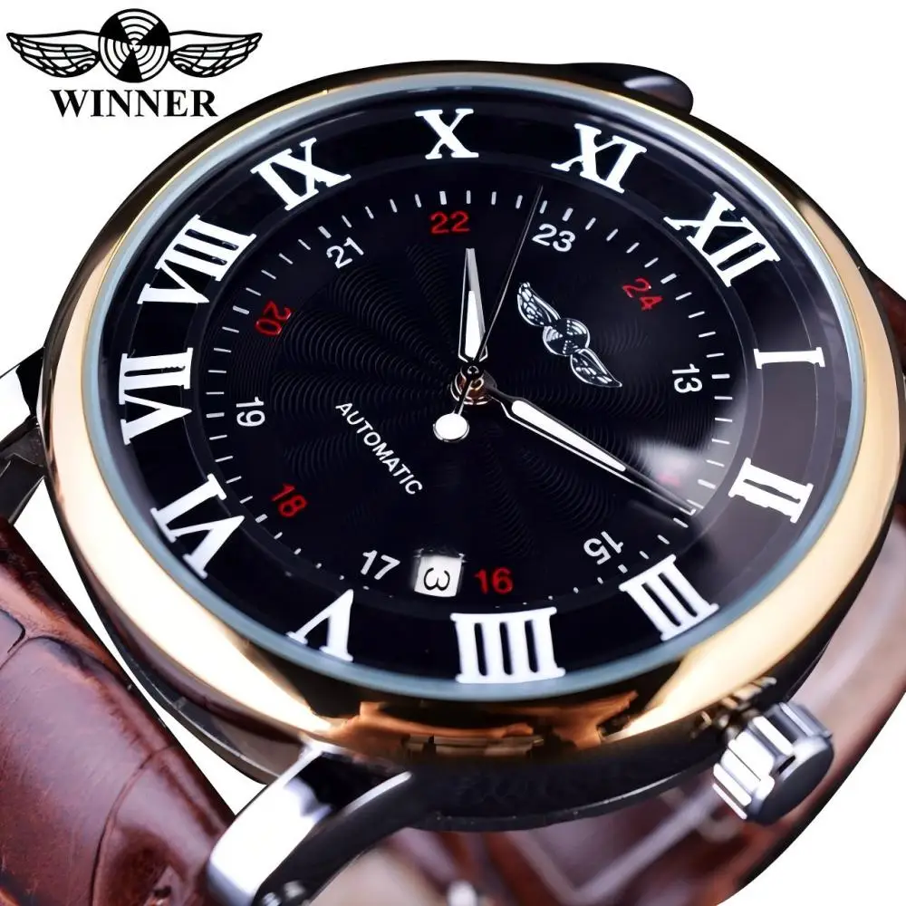 T-WINNER Classic Minimalist Business Men's Watches Automatic Mechanical Watch Date Display Luminous Hands Brown Strap Male Clock