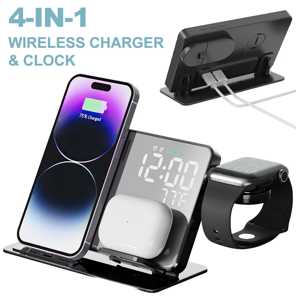 4 In 1 Wireless Charger Stand 15W Fast Charging Dock Station for IPhone Samsung Galaxy Smartphone Apple Watch Airpods IWatch