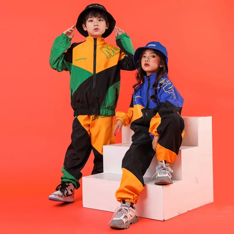 Kid cool hip hop clothing pockets high neck jacket top coat running casual jogger pants girls boys jazz dance costume clothes