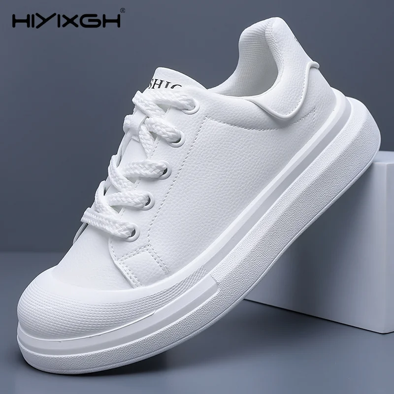 Men's White Leather Platform Board Shoes Fashion Casual Lace-up Sneakers Non-slip Height Increasing Daily Wear Footwear