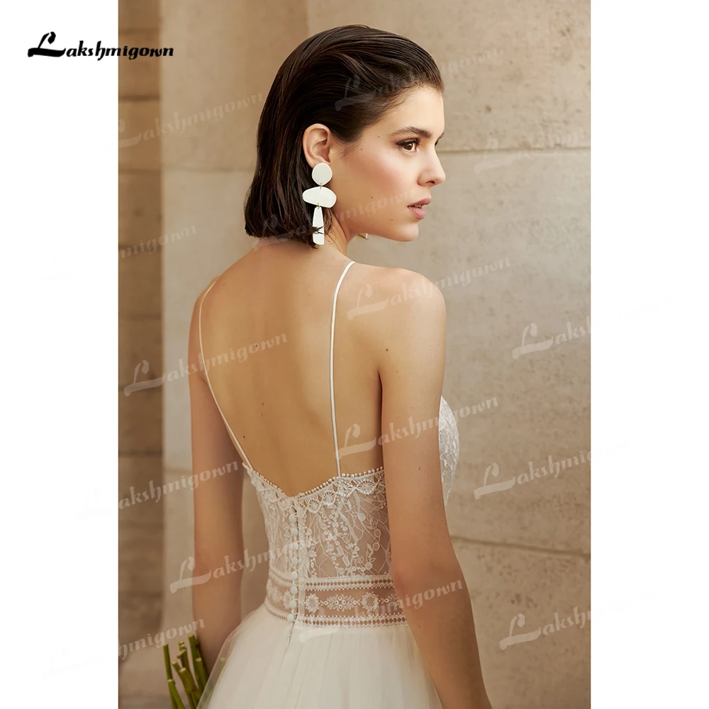 Lakshmigown-vestido de novia personalizado para mujer, traje Sexy con cuello Halter, Espalda descubierta, botón de encaje, Top de red, línea A