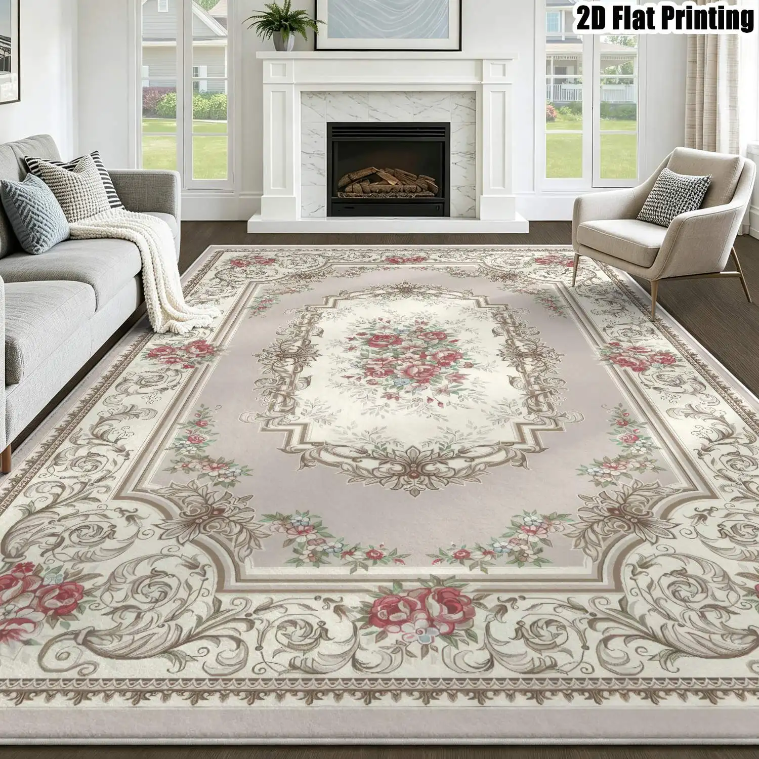 1Pc 2D Pink Floral Velvet Carpet, European Retro/Instagram Style, Machine Washable, Multi-Size Home Decor for Living Room Bedroom Dining Room Entrance Study
