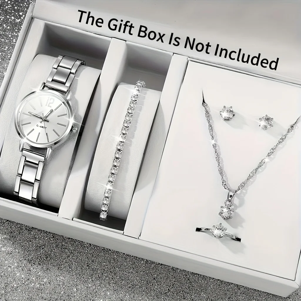 6pcs new luxury ladies' steel strap quartz watch+hot selling gorgeous diamond jewelry set