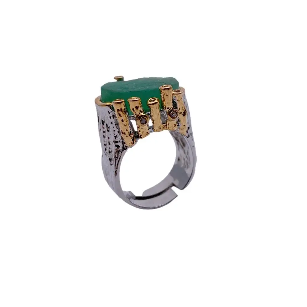 KKGEM CZ Pave 18x20mm Natural Green Fluorite Rough Real Stone Ring Gold Plated Adjustable Rings 5