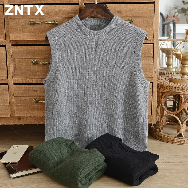 ZNTX Pure cashmere sweater men's crew neck vest thickened autumn and winter sleeveless knit loose casual middle-aged dad suit