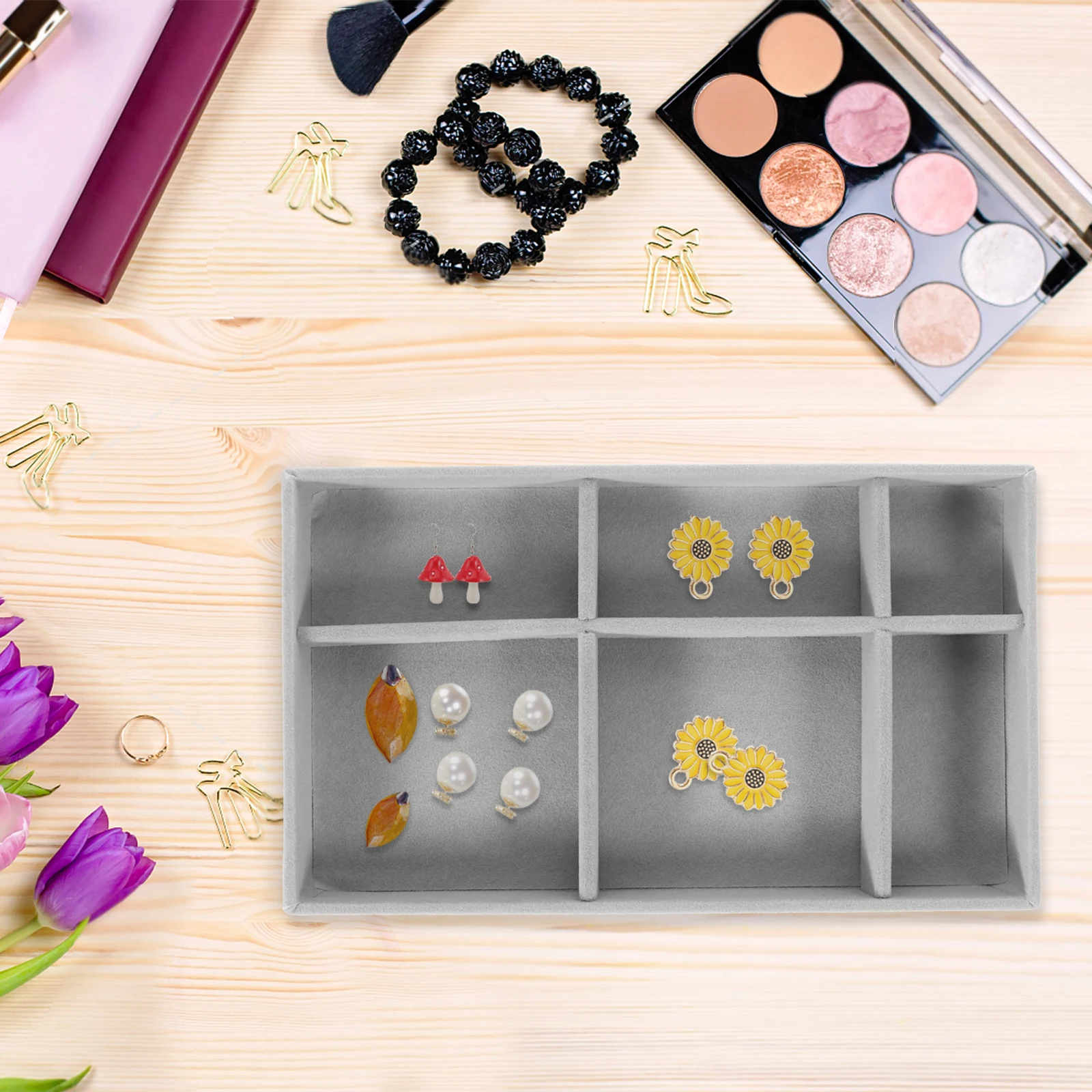 

Gray 6-Grid Tray Organizer Drawer Stacking Storage Jewelry Display For Selling Display Ring Holder Necklace Earring Trays