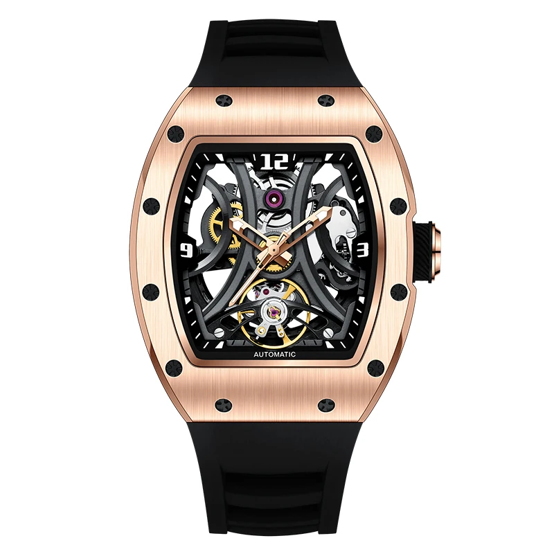 

Luxury Automatic Watch Men Sports Barrel Skeleton Design Mechanical Movement Silicone Strap 5 ATM Waterproof Watches