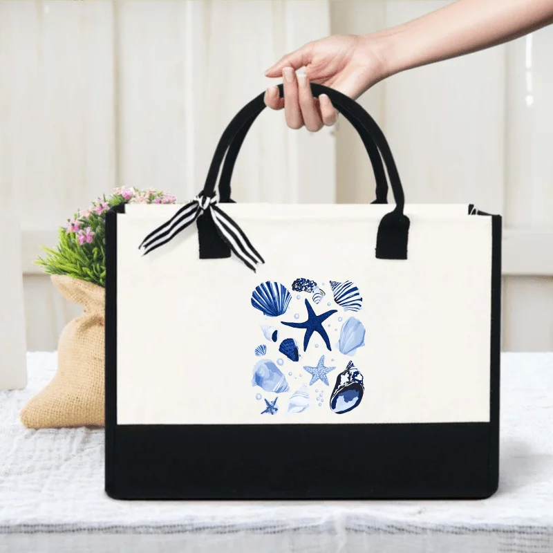 Canvas tote bag, cream and black sea shell starfish print beach shopping bag