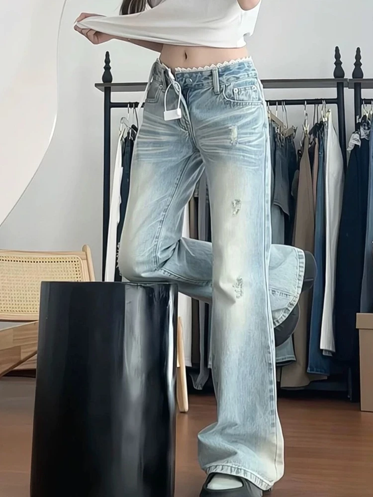 Low Waist Lace Splicing Straight Leg Slimming Ankle Length Women's Bell Bottom Jeans Commute Versatile Wide Leg Long Pants