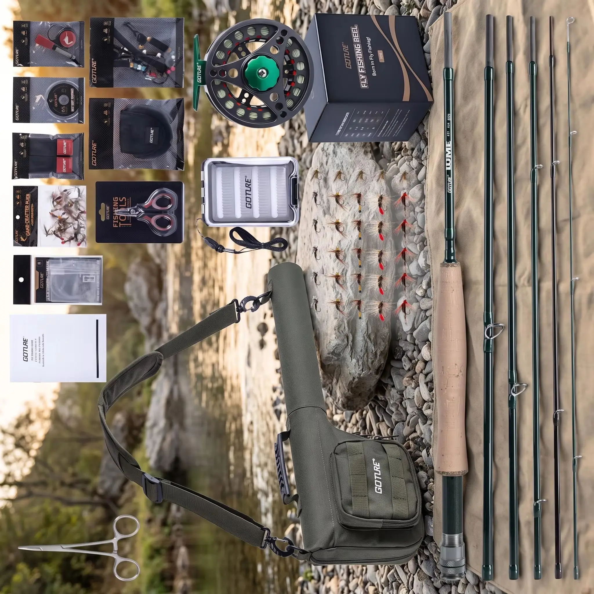 Goture Fly Fishing Rod Reel Combo Full Kit, 6Sections Carbon Fly Rod with Fly Reel, Flies, Box, Forceps, Nipper, Carry Bag