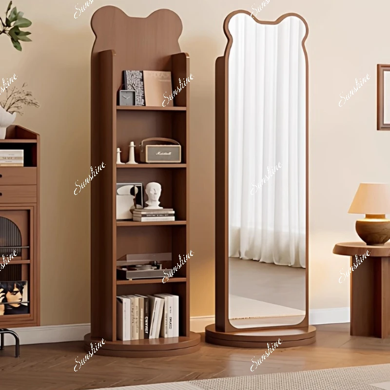 Rotating moving full-length mirror, landing, integrated bookshelf, storage fitting, hidden type