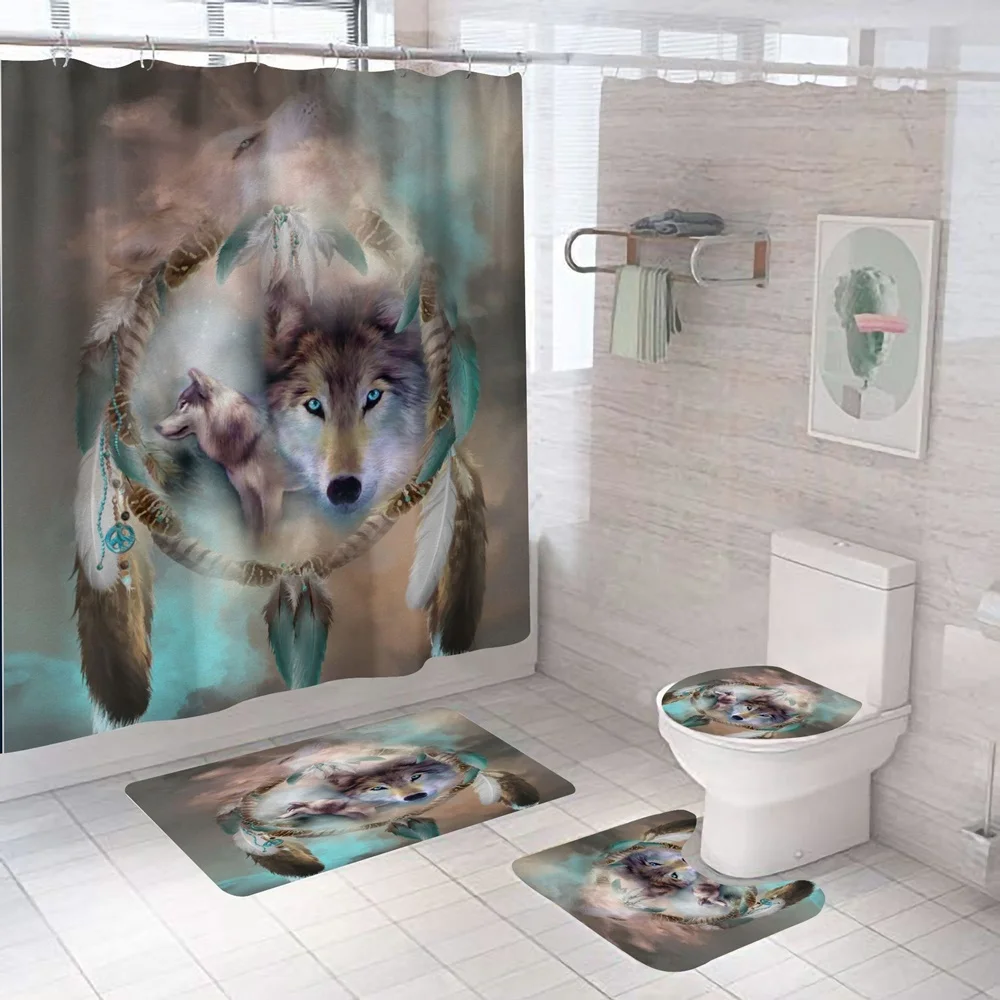 Wildlife Gray Wolves Shower Curtain Set With Rug Art Black White Wolf Bath Curtains Non-Slip Bathroom Decor Mat Toilet Lid Cover