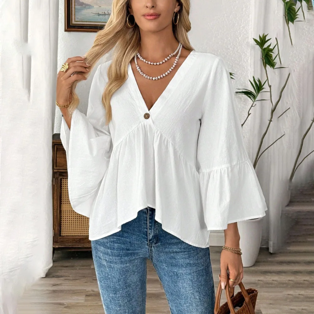 

Fashion Cotton Loose Blouse Women Summer 2026 Casual Three Quarter Sleeve White V-neck Tops And Shirts Elegant