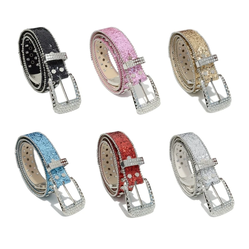 

Western Shinning Buckle Belt Full Sequins Adjustable Buckle Belt for Skirt Jeans Drop shipping