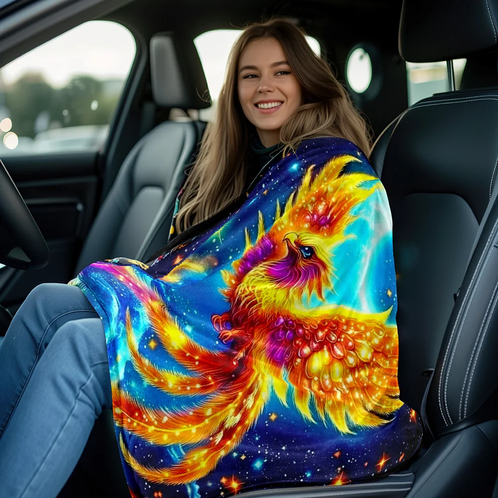 Phoenix Bird Mythical Creature Fleece Blanket Fantasy Art Throw Blanket Fire Wings Cosmic Background Soft Cozy Bedding Decor