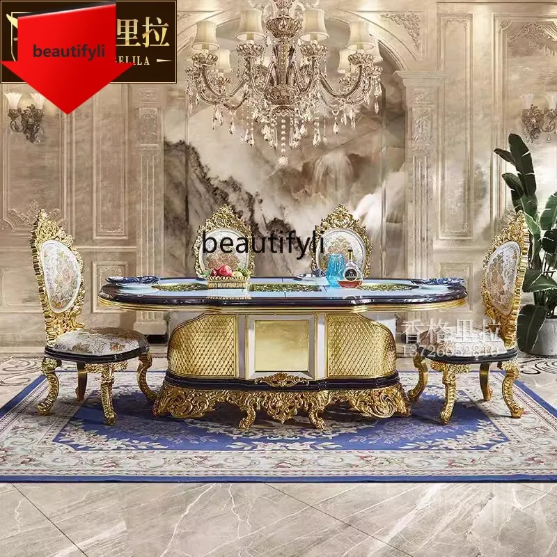 

French dining chair European solid wood carving flower French court dining table dining chair combination