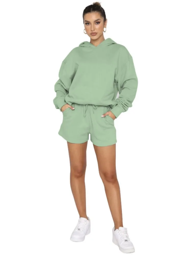 

Autumn Winter New Solid Color Hoodie Two-piece Sets Women's Casual Hooded Long-sleeved Sweatshirt Pocket Shorts 2piece Set Suit