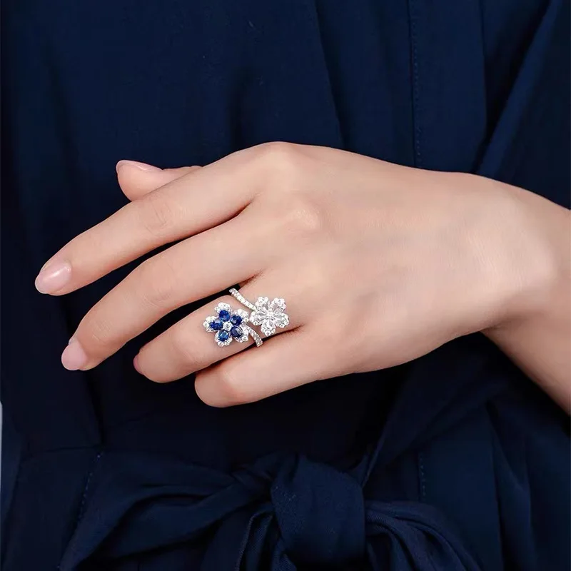 2023 Korean Fashion Temperament Blue Crystal Twisted Leaves Flowers Ring for Women 925 Sterling Silver Jewelry Party Ring