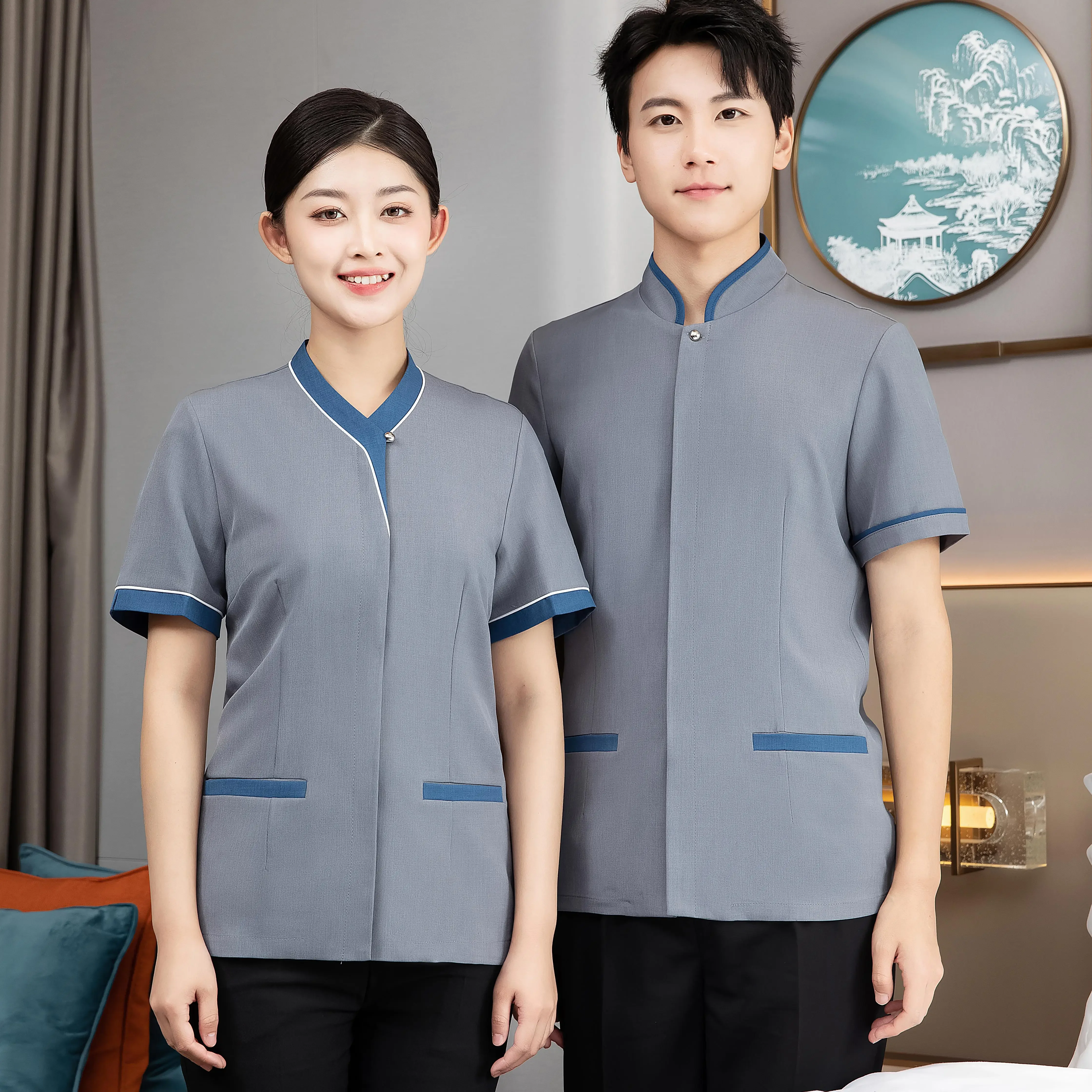 Wholesale Custom Logo Grey hotel Color Unisex domestic Company cleaner uniform house keeping staff uniform