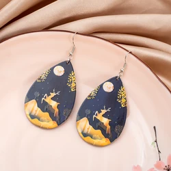 Water Drop Acrylic Earrings For Women Vintage Trend 2026 Auspicious Style Gold Color Deer Pattern Daily Wear Lightweight Jewelry