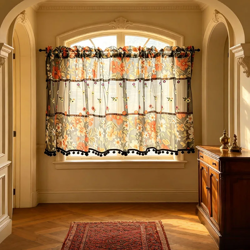 1pc Retro Floral Spliced Semi‑Sheer Curtain, Red Yellow Orange Embroidery Accent Flowers, Pom-pom Tassel Rod Pocket Cafe Curtain